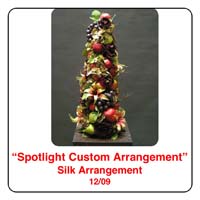 December Spotlight Christmas Flower Arrangement using grapes, apples, lillies in a cone shape topiary