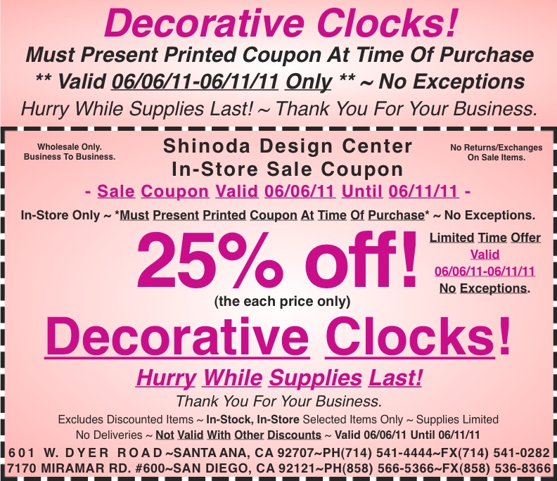 Decorative Clocks are 25% off at Shinoda Design Center