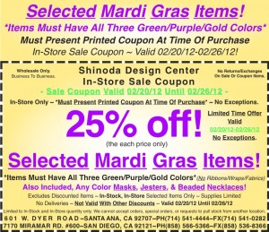 Sale Coupon 25% off Mardi Gras Items 022012