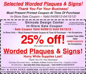Sale Coupon 25% off Worded Plaques and Signs 040912