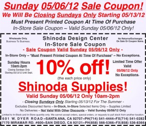 Sale Coupon 10% off Shinoda Supplies Sunday 050612