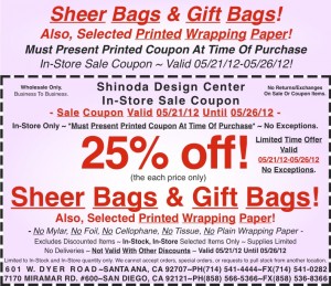 Sale Coupon 25% off Sheer Bags Gift Bags Wrapping Paper 052112