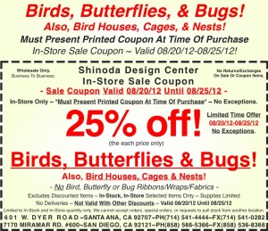 Sale Coupon 25% off Birds Butterflies Bugs Houses Cages Nests 082012 Sale Coupon 25% off Birds Butterflies Bugs Houses Cages Nests 082012