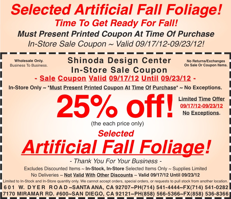 Sale Coupon 25% off Selected Artificial Fall Foliage 091712
