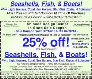 Sale_Instore_Coupon_Selected_Seashells_Fish_Boats_Light_Houses_Coral_Sea_Horses_Star_Fish_Crabs_Lobsters_071513