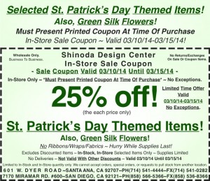 Sale_Instore_Coupon_Selected_Saint_Patricks_Themed_Items_Green_Silk_Flowers_031014