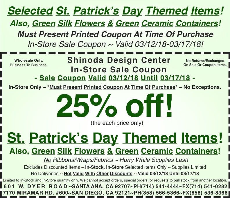 Sale_Instore_Coupon_Selected_Saint_Patricks_Themed_Items_Green_Silk_Flowers_031218