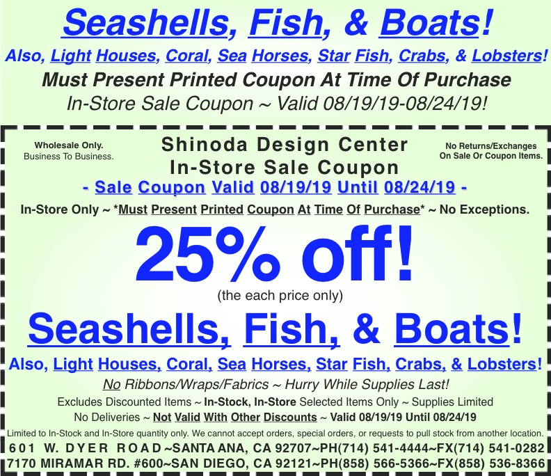Sale_Instore_Coupon_Selected_Nautical_Seashells_Fish_Boats_Light_Houses_Coral_Sea_Horses_Star_Fish_Crabs_Lobsters_081919