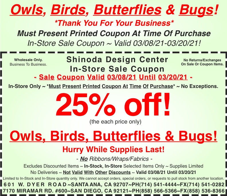 Sale_Instore_Coupon_Selected_Owls_Birds_Butterflies_Bugs_030821